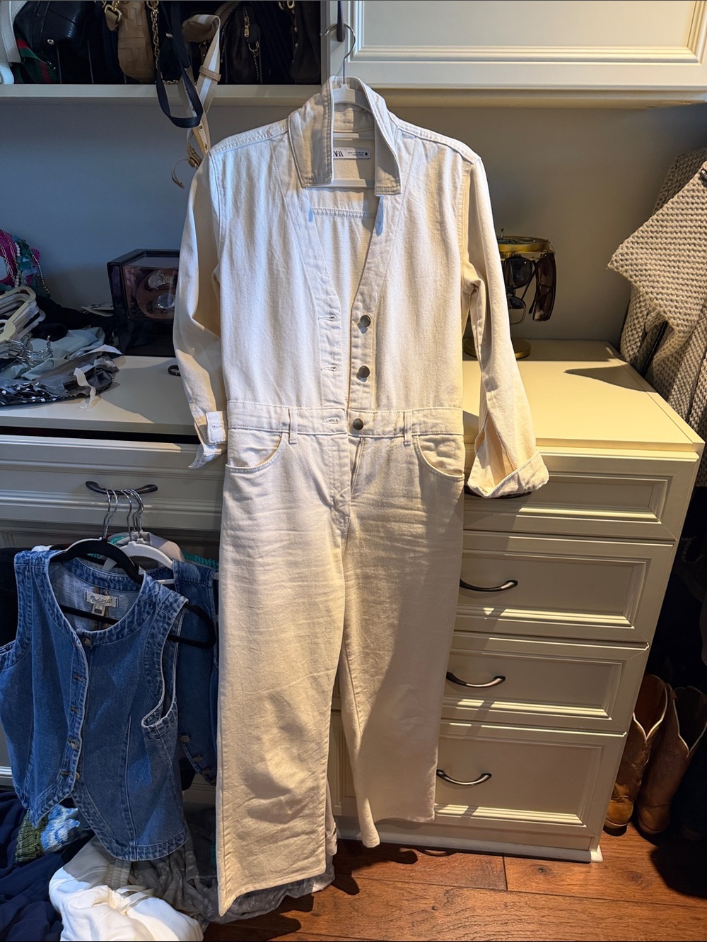 Zara Cream Denim Overalls Jumpsuit